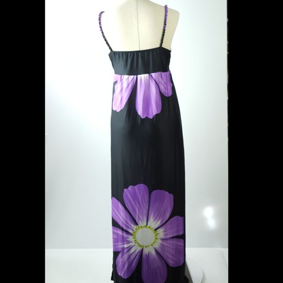 Maxi Dress Black Large Purple Flower Print Stretchy Boho - Picture 3 of 8